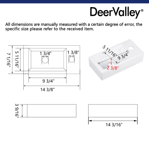 DeerValley Liberty Ceramic Bathroom Wall Mount Space-saving Rectangular Right Hand Sink (Faucet on the Right Hand) DV-1V081R/0091R