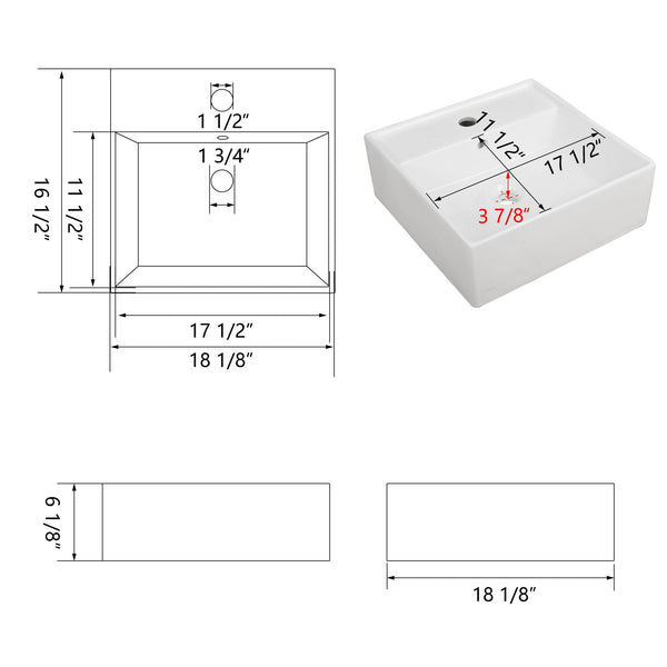 DYNASTY 18.11" Rectangular Vessel Bathroom Sink, Overflow Hole