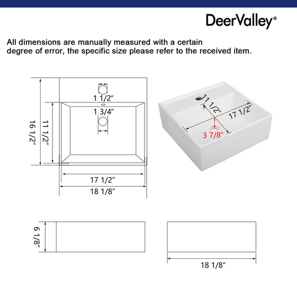 DeerValley DV-1V231 Dynasty White China Ceramic Rectangular Glazed Vessel Bathroom Sink with Overflow Hole