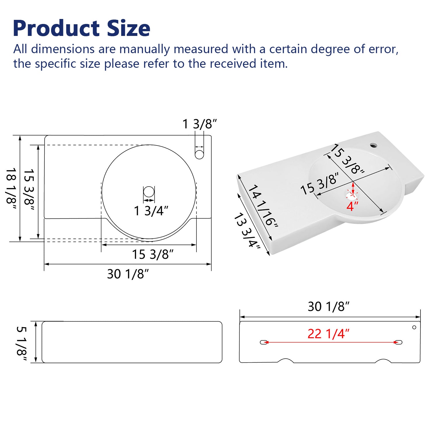 18.11" Rectangular Wall-Mount Bathroom Sink, Round Basin