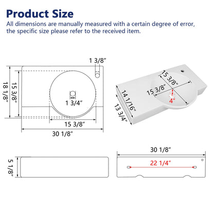 18.11" Rectangular Wall-Mount Bathroom Sink, Round Basin