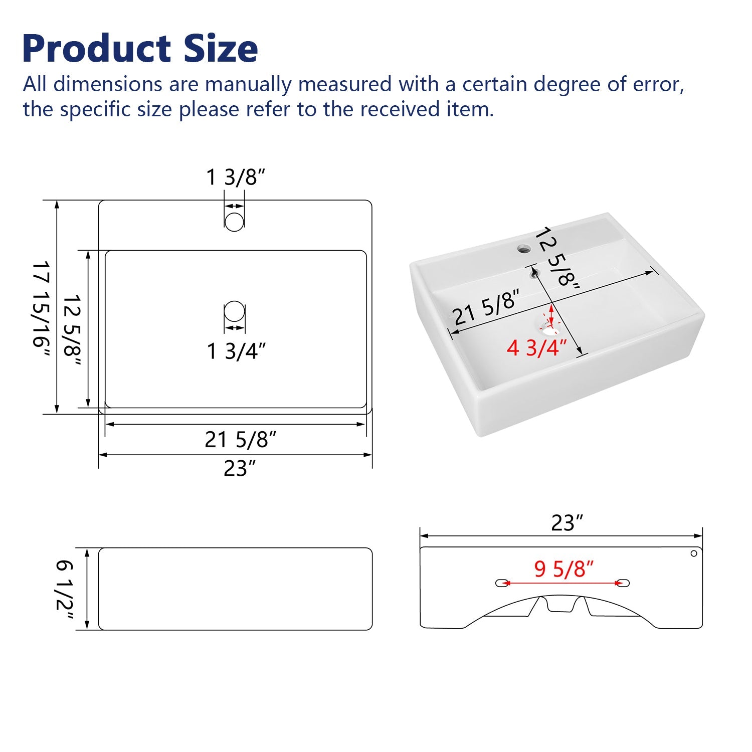 18"D x 23"W Rectangular Wall-Mount Bathroom Sink, Overflow Hole