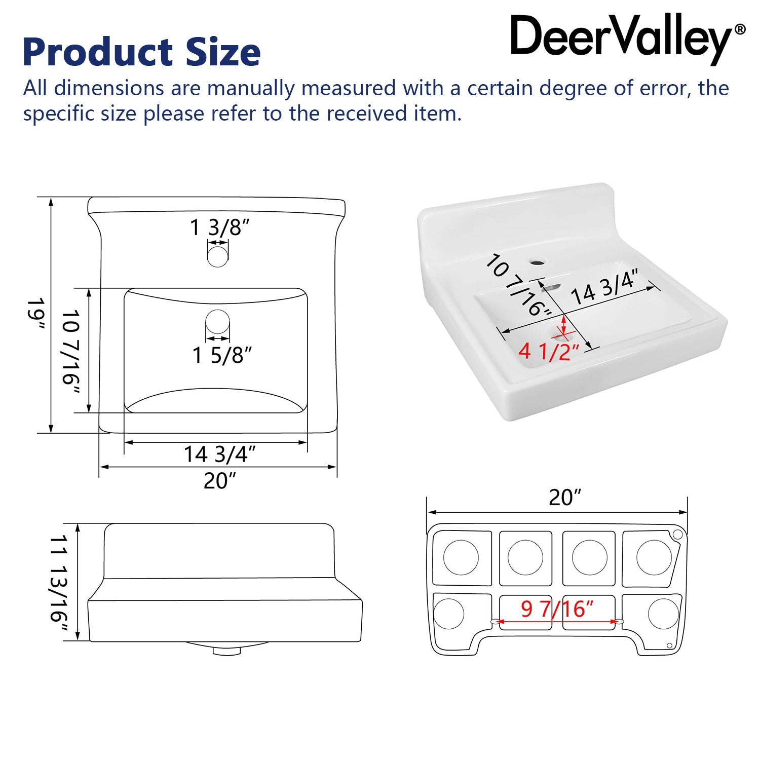 20" L X 10" W Rectangular Wall-Mount Bathroom Sink, Overflow Hole