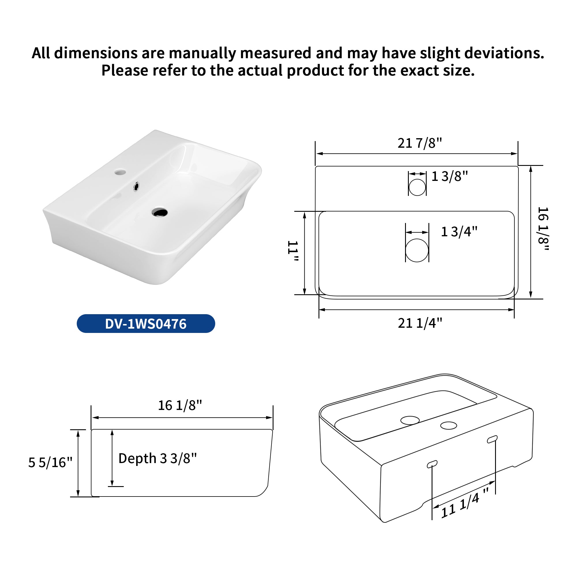DeerValley DV-1WS0476 Wall Mounted Sink Vitreous China Rectangular Basin with Overflow