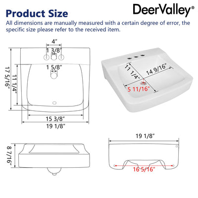 Deervalley DV-1WS0129 17.32" Rectangular Wall-Mount Bathroom Sink, Overflow Hole