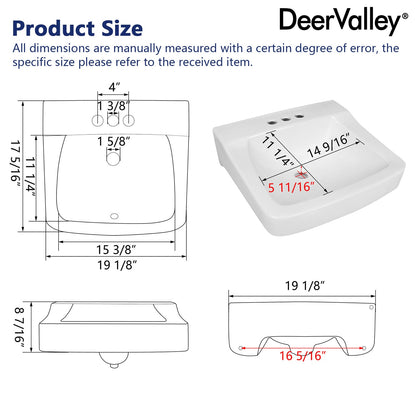 17.32" Rectangular Wall-Mount Bathroom Sink, Overflow Hole