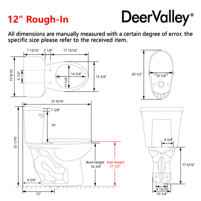 DeerValley DV-2F0386 17 in. ADA Chair Height Two-Piece Elongated Toilet, 1.28 GPF Single Flush, MaP 1000g, Soft-Close Seat, White