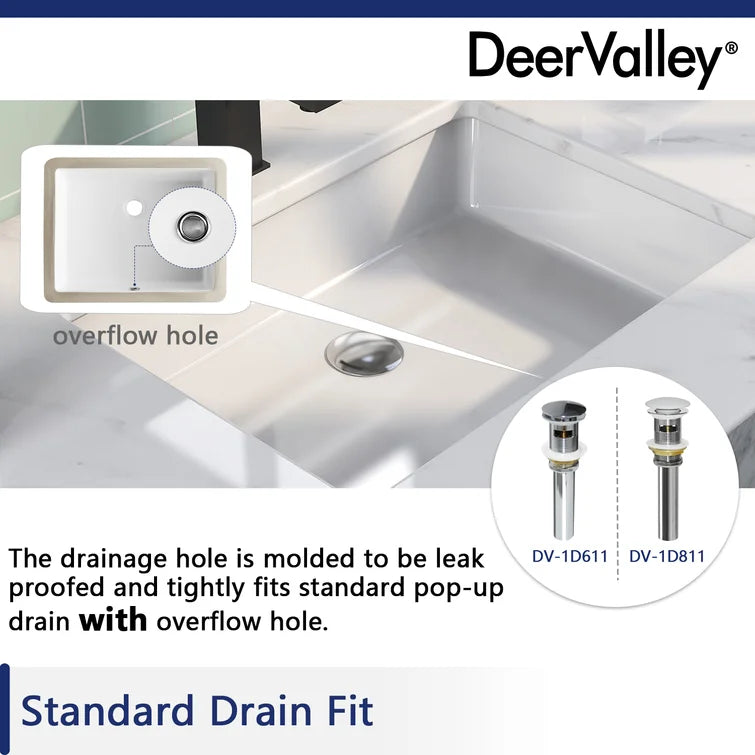 DeerValley Bath DeerValley DV-1U202 Ursa 22*15.5 White Ceramic Undermount Rectangular Space-Saving Bathroom Sink with Overflow Undermount Sinks