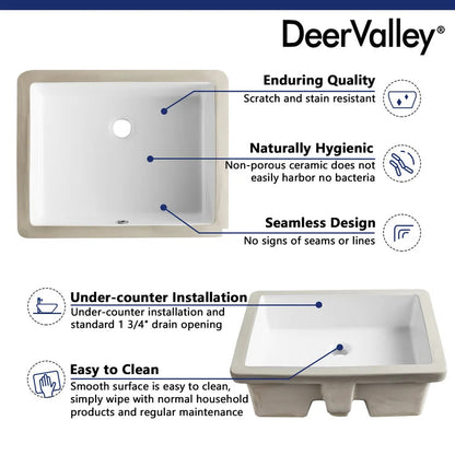 DeerValley Bath DeerValley DV-1U202 Ursa 22*15.5 White Ceramic Undermount Rectangular Space-Saving Bathroom Sink with Overflow Undermount Sinks
