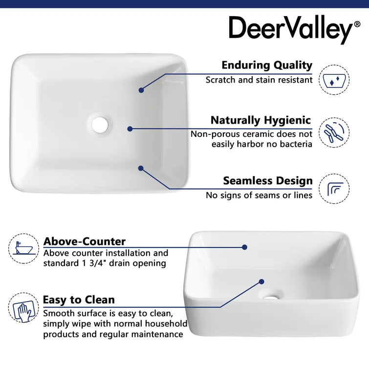 DeerValley Bath DeerValley DV-1V031 Ally Ceramic Sleek Rectangular Bathroom Vessel Sink Vessel Sink