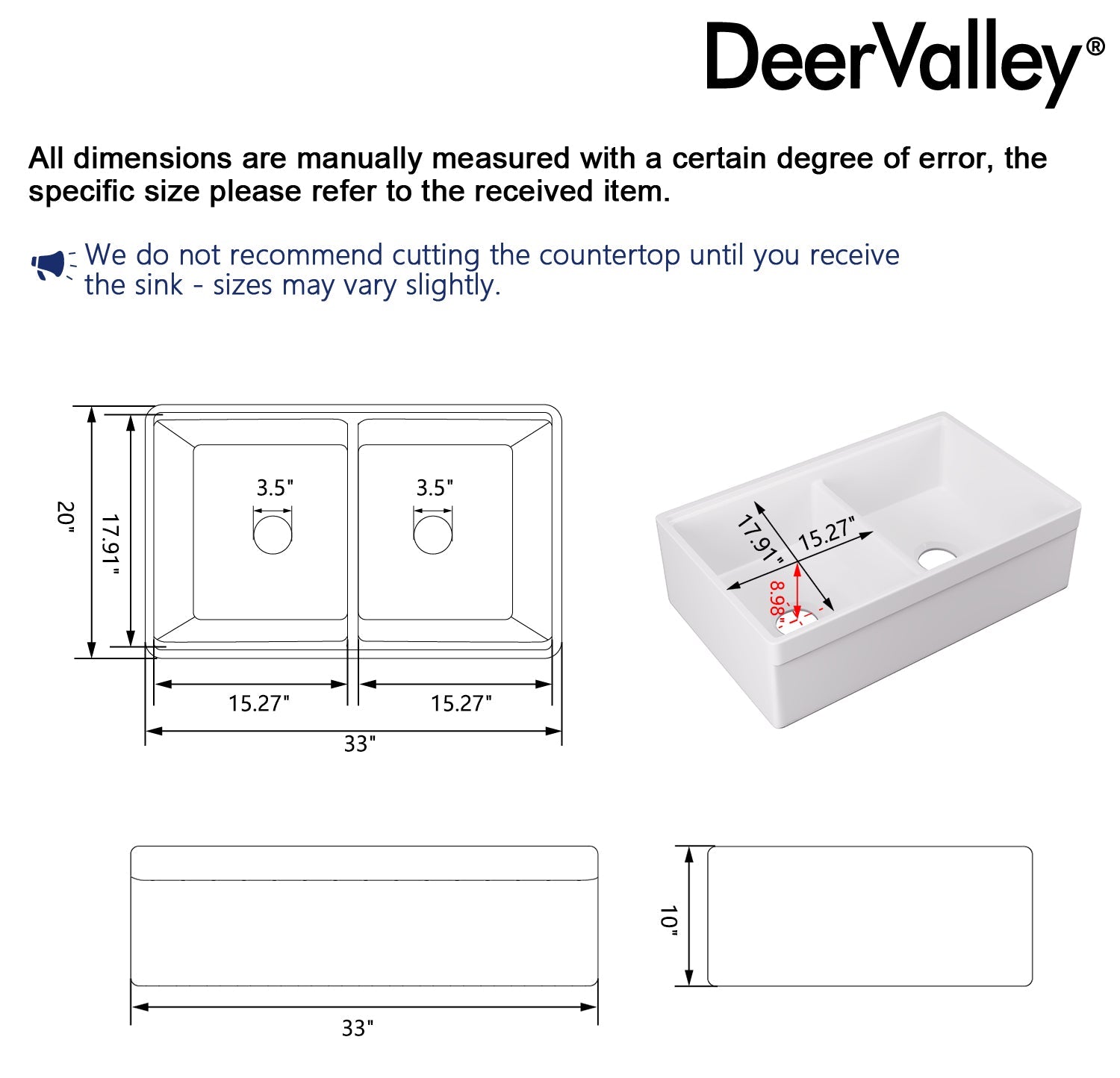 32.87" L x 20" W Rectangular Workstation Farmhouse Kitchen Sink, Easy-Cleaning With Multiple Colors
