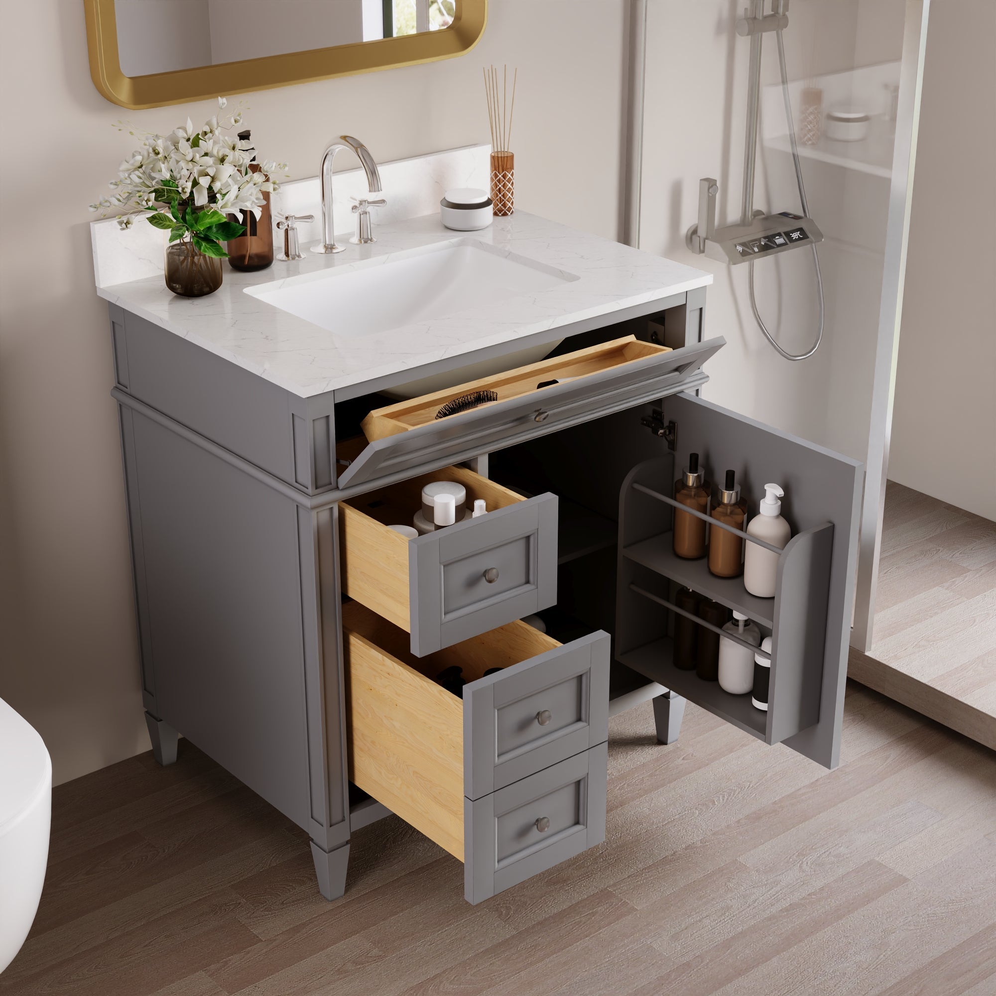 DeerValley 30 Inch Bathroom Vanity with Sink and Backsplash, Pre-Assembled Modern Bath Cabinet with Storage, Soft Close Doors, White / Light Gray