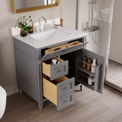 DeerValley 30 Inch Bathroom Vanity with Sink and Backsplash, Pre-Assembled Modern Bath Cabinet with Storage, Soft Close Doors, White / Light Gray