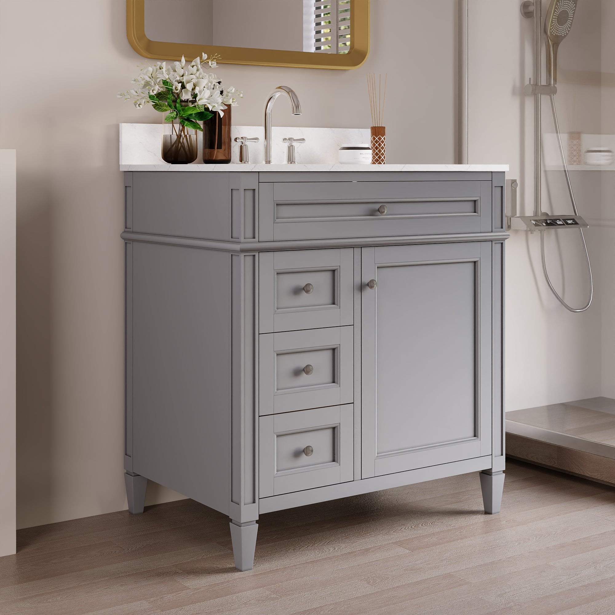 DeerValley 30 Inch Bathroom Vanity with Sink and Backsplash, Pre-Assembled Modern Bath Cabinet with Storage, Soft Close Doors, White / Light Gray