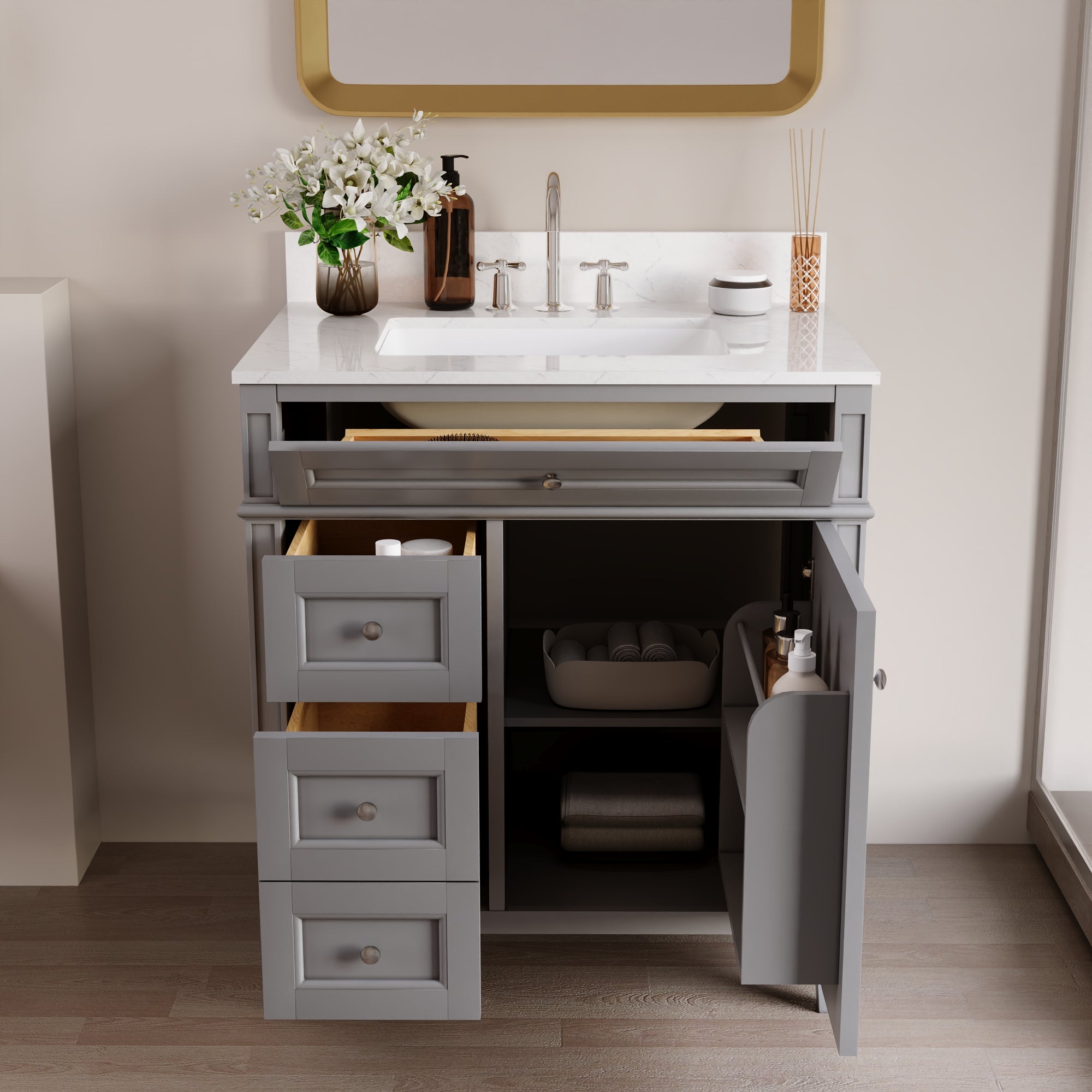 DeerValley 30 Inch Bathroom Vanity with Sink and Backsplash, Pre-Assembled Modern Bath Cabinet with Storage, Soft Close Doors, White / Light Gray