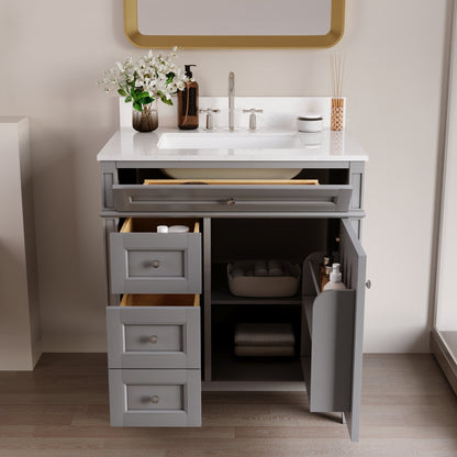 DeerValley 30 Inch Bathroom Vanity with Sink and Backsplash, Pre-Assembled Modern Bath Cabinet with Storage, Soft Close Doors, White / Light Gray