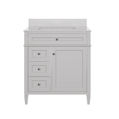 DeerValley 30 Inch Bathroom Vanity with Sink and Backsplash, Pre-Assembled Modern Bath Cabinet with Storage, Soft Close Doors, White / Light Gray