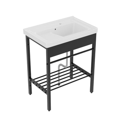 DeerValley 28"x18.5" Console Bathroom Sink, Freestanding Utility Sink with Integrated Washboard and Stainless Steel Frame, Modern White Ceramic Laundry Tub with Open Shelf,  Matte Black, DV-1CS0388B
