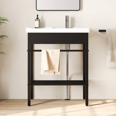 DeerValley 28"x18.5" Console Bathroom Sink, Freestanding Utility Sink with Integrated Washboard and Stainless Steel Frame, Modern White Ceramic Laundry Tub with Open Shelf,  Matte Black, DV-1CS0388B