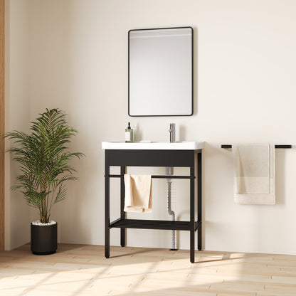 DeerValley 28"x18.5" Console Bathroom Sink, Freestanding Utility Sink with Integrated Washboard and Stainless Steel Frame, Modern White Ceramic Laundry Tub with Open Shelf,  Matte Black, DV-1CS0388B