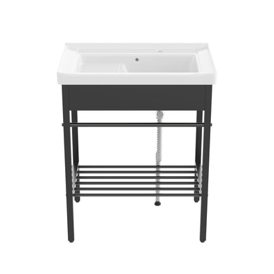 DeerValley 28"x18.5" Console Bathroom Sink, Freestanding Utility Sink with Integrated Washboard and Stainless Steel Frame, Modern White Ceramic Laundry Tub with Open Shelf,  Matte Black, DV-1CS0388B