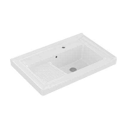 DeerValley 28"x18.5" Console Bathroom Sink, Freestanding Utility Sink with Integrated Washboard and Stainless Steel Frame, Modern White Ceramic Laundry Tub with Open Shelf,  Matte Black, DV-1CS0388B