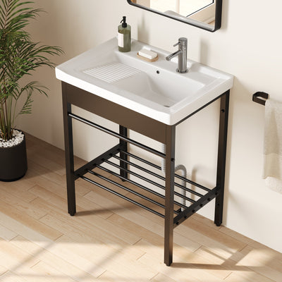 DeerValley 28"x18.5" Console Bathroom Sink, Freestanding Utility Sink with Integrated Washboard and Stainless Steel Frame, Modern White Ceramic Laundry Tub with Open Shelf,  Matte Black, DV-1CS0388B