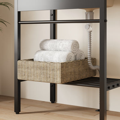 DeerValley 28"x18.5" Console Bathroom Sink, Freestanding Utility Sink with Integrated Washboard and Stainless Steel Frame, Modern White Ceramic Laundry Tub with Open Shelf,  Matte Black, DV-1CS0388B