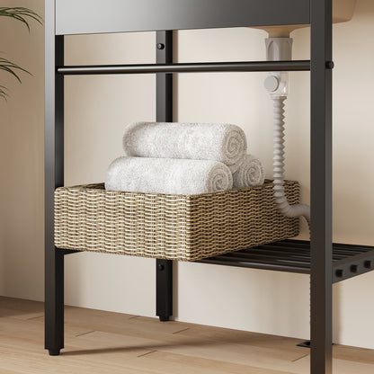 DeerValley 28"x18.5" Console Bathroom Sink, Freestanding Utility Sink with Integrated Washboard and Stainless Steel Frame, Modern White Ceramic Laundry Tub with Open Shelf,  Matte Black, DV-1CS0388B