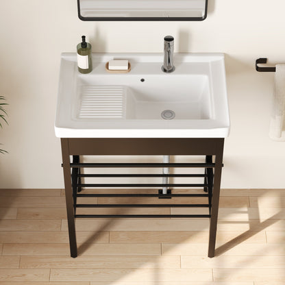 DeerValley 28"x18.5" Console Bathroom Sink, Freestanding Utility Sink with Integrated Washboard and Stainless Steel Frame, Modern White Ceramic Laundry Tub with Open Shelf,  Matte Black, DV-1CS0388B