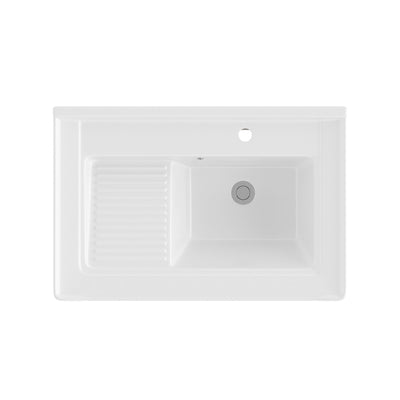 DeerValley 28"x18.5" Console Bathroom Sink, Freestanding Utility Sink with Integrated Washboard and Stainless Steel Frame, Modern White Ceramic Laundry Tub with Open Shelf,  Matte Black, DV-1CS0388B