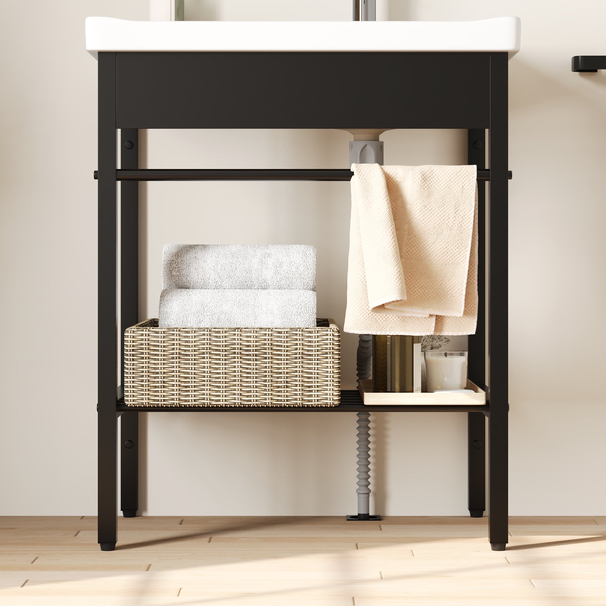 DeerValley 28"x18.5" Console Bathroom Sink, Freestanding Utility Sink with Integrated Washboard and Stainless Steel Frame, Modern White Ceramic Laundry Tub with Open Shelf,  Matte Black, DV-1CS0388B