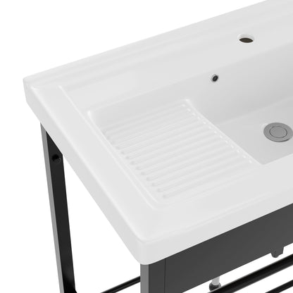DeerValley 28"x18.5" Console Bathroom Sink, Freestanding Utility Sink with Integrated Washboard and Stainless Steel Frame, Modern White Ceramic Laundry Tub with Open Shelf,  Matte Black, DV-1CS0388B