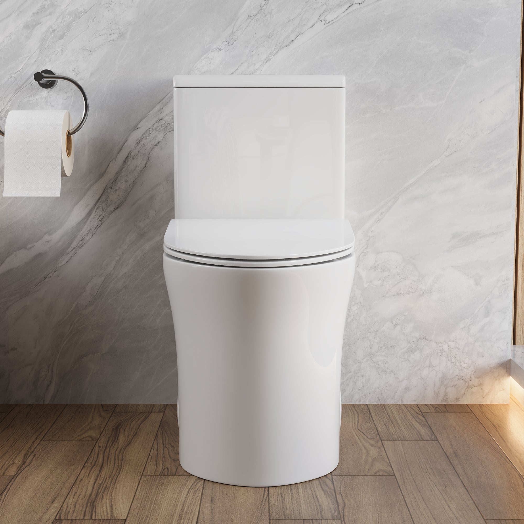 DeerValley Compact One-Piece Toilet for Small Bathrooms, Rimless Bowl Modern Elongated Toilet with Powerful Dual Flush, Soft-Close Seat, 12" Rough-In, High-Efficiency, Space-Saving & Quiet White Design, DV-1F0369