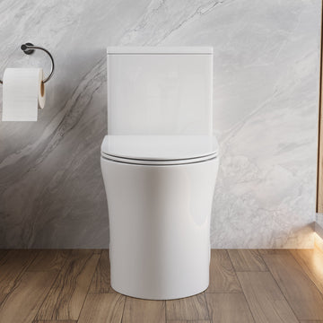 DeerValley Compact One-Piece Toilet for Small Bathrooms, Rimless Bowl Modern Elongated Toilet with Powerful Dual Flush, Soft-Close Seat, 12" Rough-In, High-Efficiency, Space-Saving & Quiet White Design, DV-1F0369