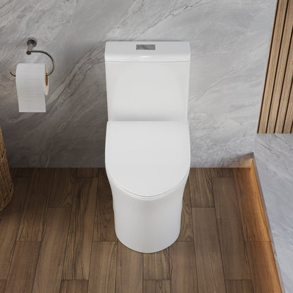 DeerValley Compact One-Piece Toilet for Small Bathrooms, Rimless Bowl Modern Elongated Toilet with Powerful Dual Flush, Soft-Close Seat, 12" Rough-In, High-Efficiency, Space-Saving & Quiet White Design, DV-1F0369