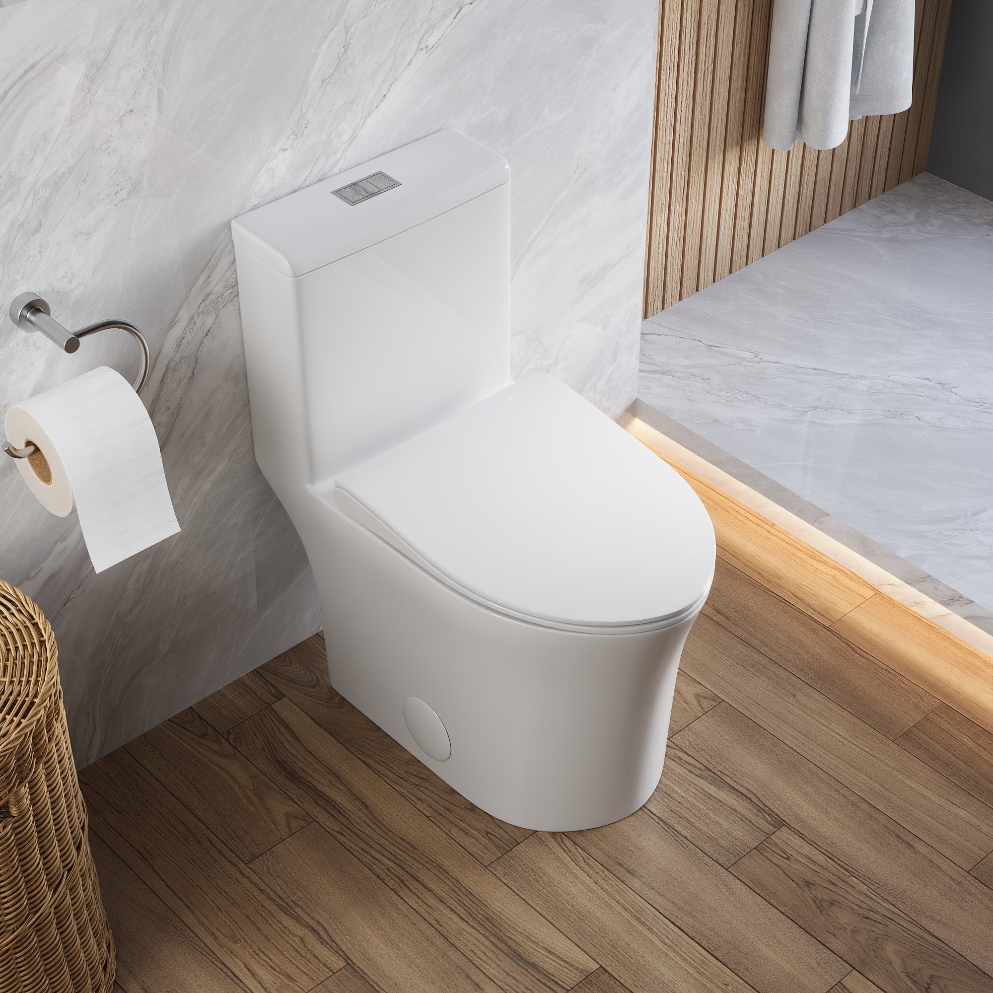 DeerValley Compact One-Piece Toilet for Small Bathrooms, Rimless Bowl Modern Elongated Toilet with Powerful Dual Flush, Soft-Close Seat, 12" Rough-In, High-Efficiency, Space-Saving & Quiet White Design, DV-1F0369