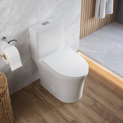 DeerValley Compact One-Piece Toilet for Small Bathrooms, Rimless Bowl Modern Elongated Toilet with Powerful Dual Flush, Soft-Close Seat, 12" Rough-In, High-Efficiency, Space-Saving & Quiet White Design, DV-1F0369