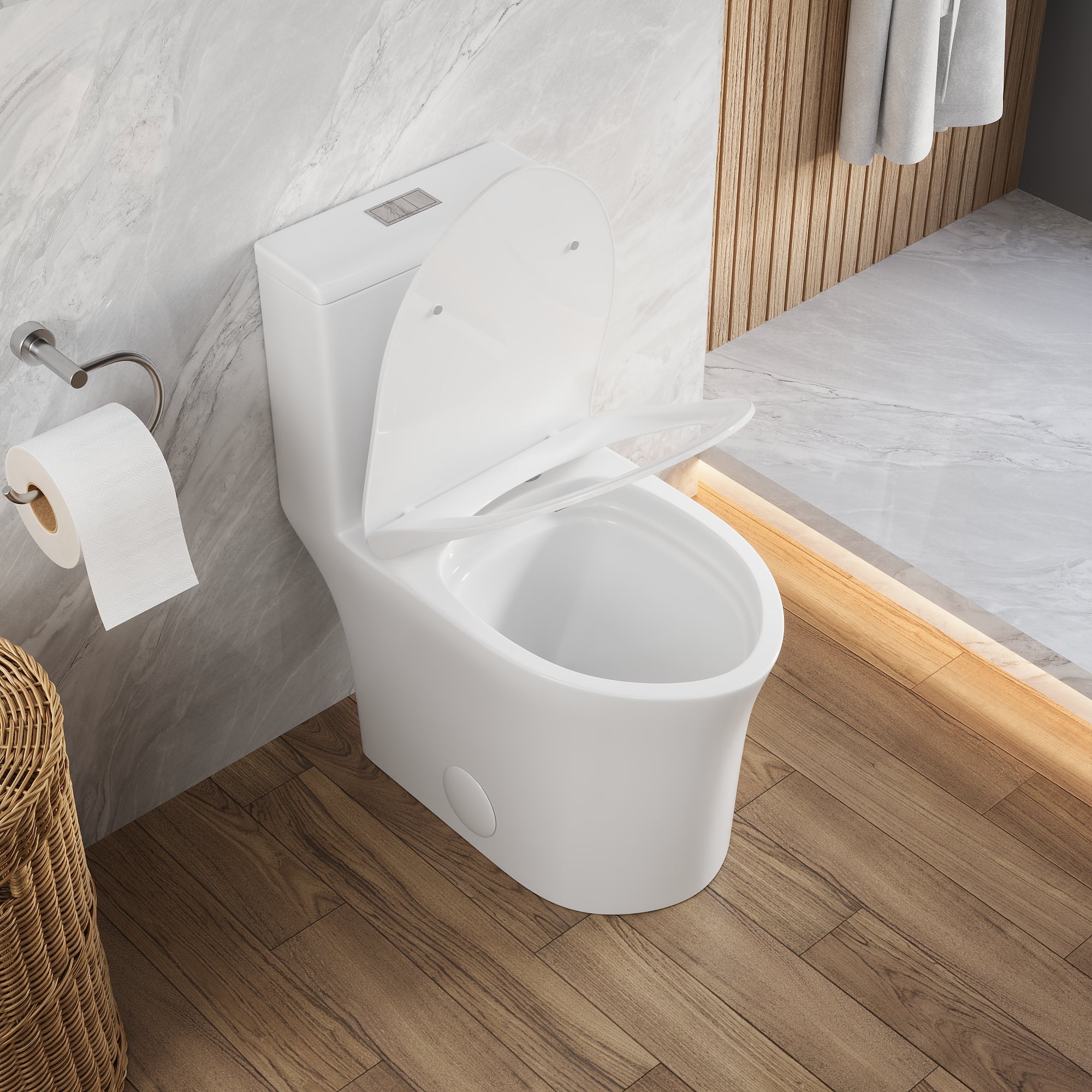 DeerValley Compact One-Piece Toilet for Small Bathrooms, Rimless Bowl Modern Elongated Toilet with Powerful Dual Flush, Soft-Close Seat, 12" Rough-In, High-Efficiency, Space-Saving & Quiet White Design, DV-1F0369