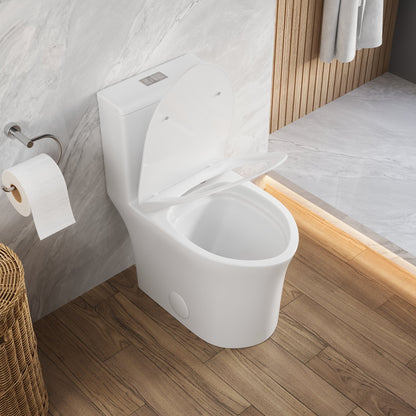 DeerValley Compact One-Piece Toilet for Small Bathrooms, Rimless Bowl Modern Elongated Toilet with Powerful Dual Flush, Soft-Close Seat, 12" Rough-In, High-Efficiency, Space-Saving & Quiet White Design, DV-1F0369