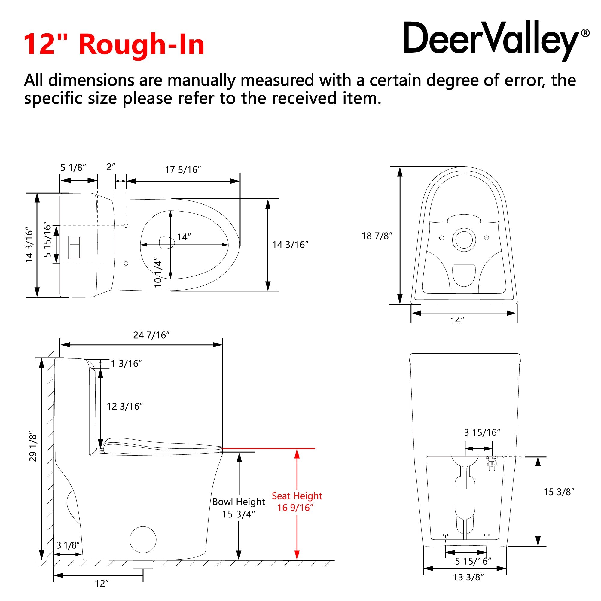 DeerValley Compact One-Piece Toilet for Small Bathrooms, Rimless Bowl Modern Elongated Toilet with Powerful Dual Flush, Soft-Close Seat, 12" Rough-In, High-Efficiency, Space-Saving & Quiet White Design, DV-1F0369