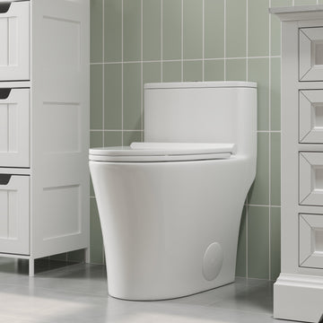 Symmetry 12 in. Rough In Size One-Piece 1/1.28 GPF Dual Flush Compact Round Toilet in White, Soft Close Seat Included