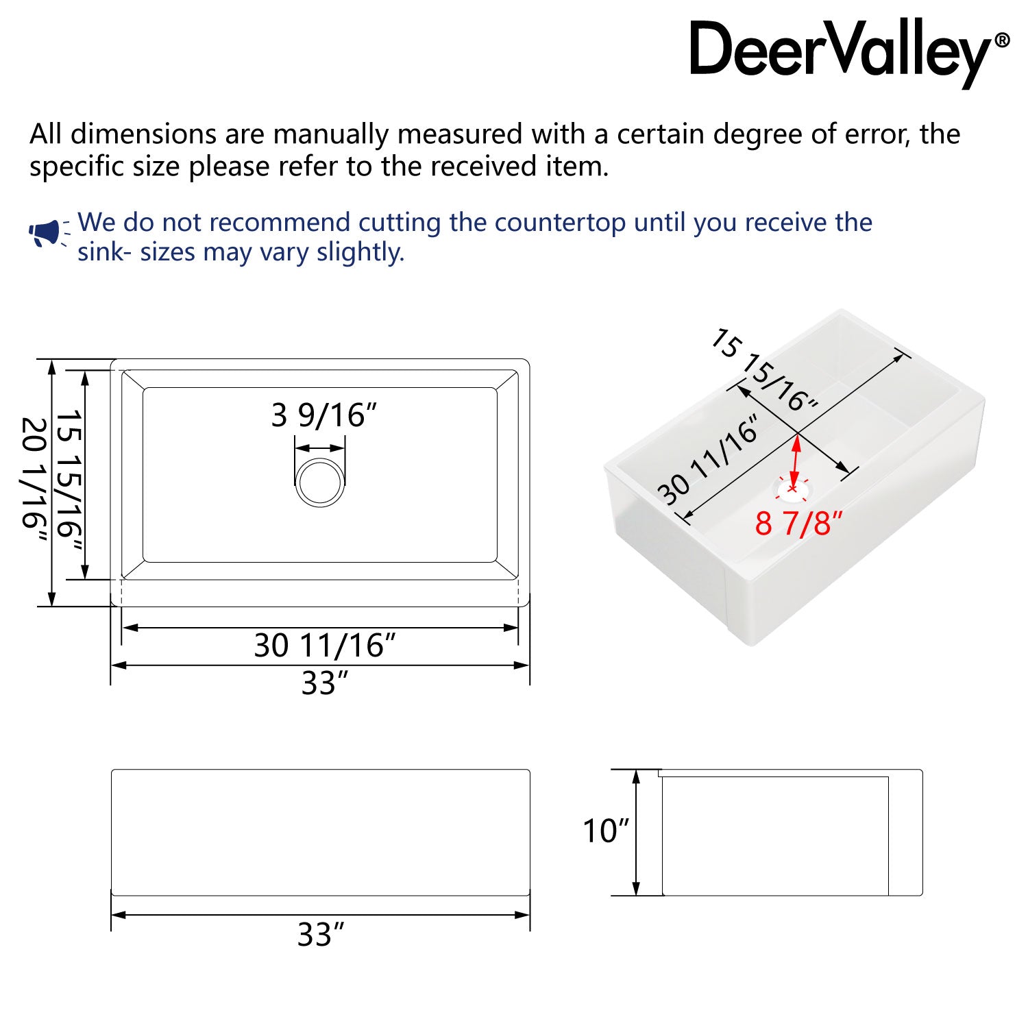 DeerValley 33" L x 20" W White Farmhouse Kitchen Sink, Fireclay Apron Front Farm Sink with Sink Grid & Basket Strainer