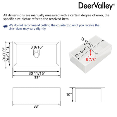 DeerValley DV-1K0259 33" L x 20" W White Farmhouse Kitchen Sink, Fireclay Apron Front Farm Sink with Sink Grid & Basket Strainer