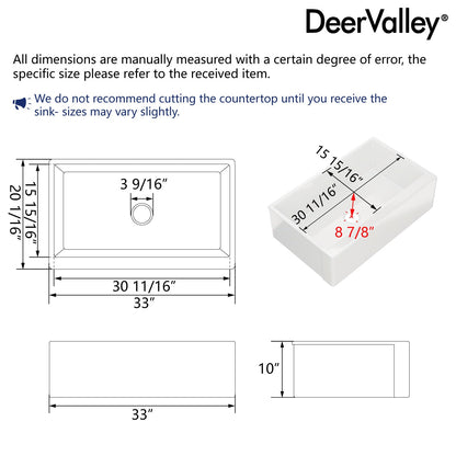 DeerValley 33" L x 20" W White Farmhouse Kitchen Sink, Fireclay Apron Front Farm Sink with Sink Grid & Basket Strainer