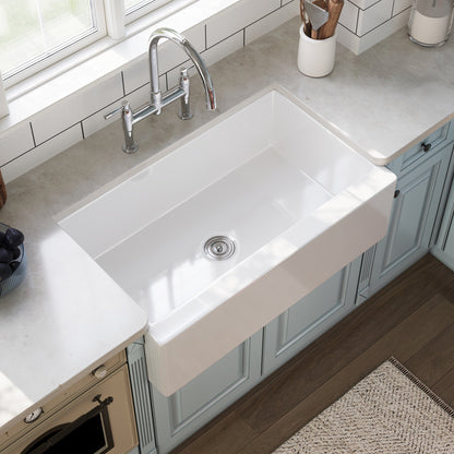 DeerValley 33" L x 20" W White Farmhouse Kitchen Sink, Fireclay Apron Front Farm Sink with Sink Grid & Basket Strainer
