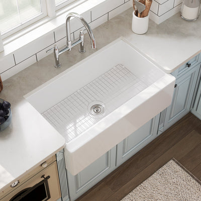 DeerValley DV-1K0259 33" L x 20" W White Farmhouse Kitchen Sink, Fireclay Apron Front Farm Sink with Sink Grid & Basket Strainer