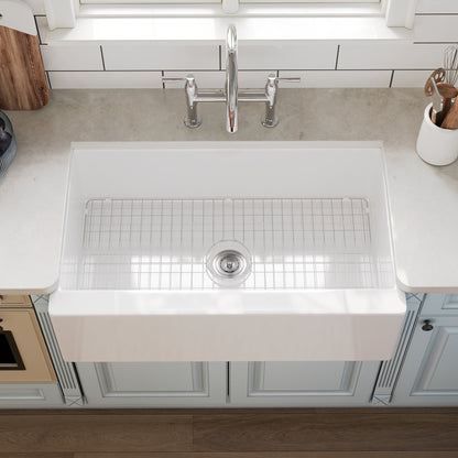 DeerValley 33" L x 20" W White Farmhouse Kitchen Sink, Fireclay Apron Front Farm Sink with Sink Grid & Basket Strainer