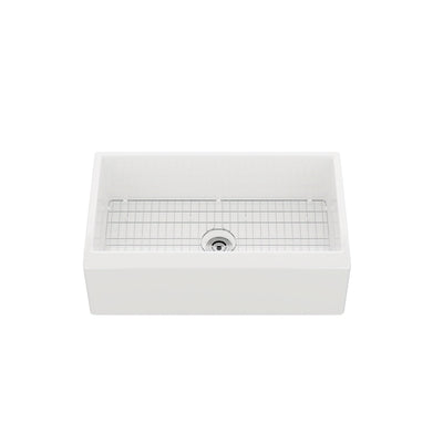 DeerValley DV-1K0259 33" L x 20" W White Farmhouse Kitchen Sink, Fireclay Apron Front Farm Sink with Sink Grid & Basket Strainer