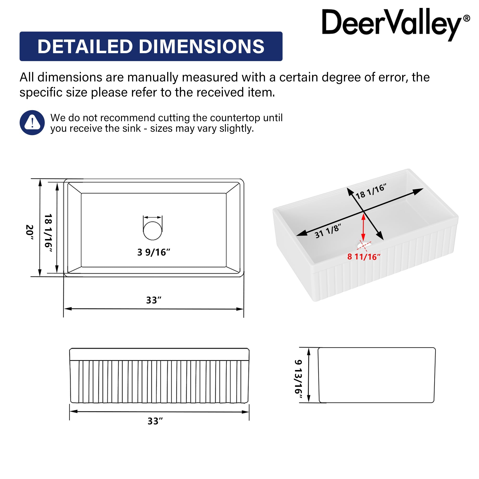 DeerValley 33" L x 20" W Farmhouse Workstation Kitchen Sink, Reversible Fireclay Deep Single Bowl Apron Front Kitchen Sink, White Undermount Farm Sink with Ledge and Accessories, DV-1K0263